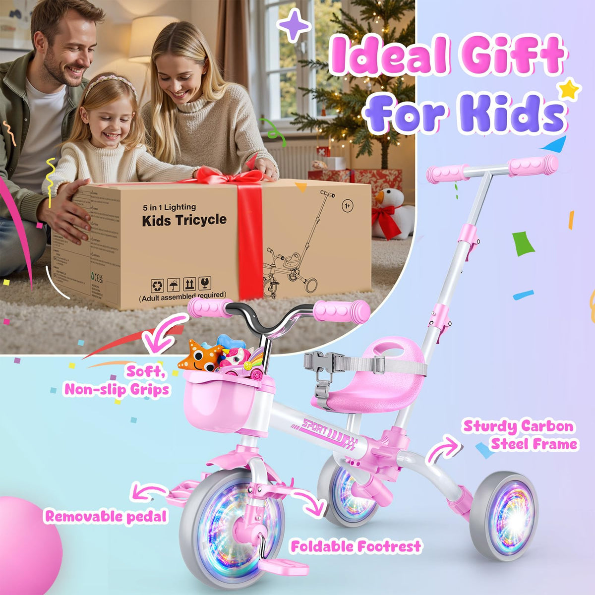 5 in 1 Pink Tricycle with Push Handle I823