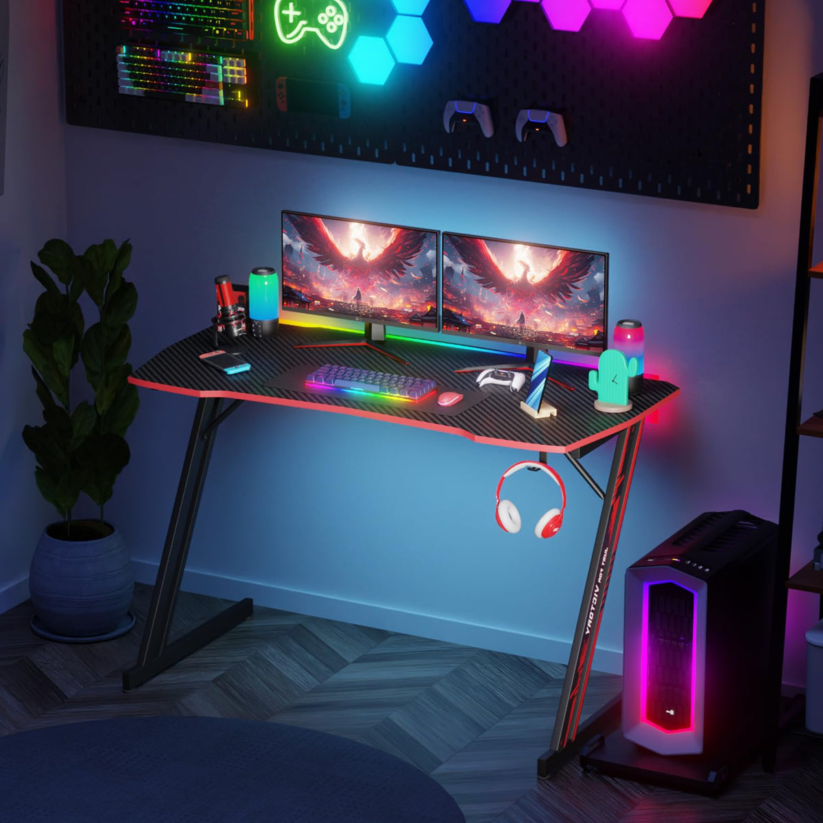 47.2 Inch Z Shaped Carbon Fiber Gaming Desk with Headphone Hook F27117