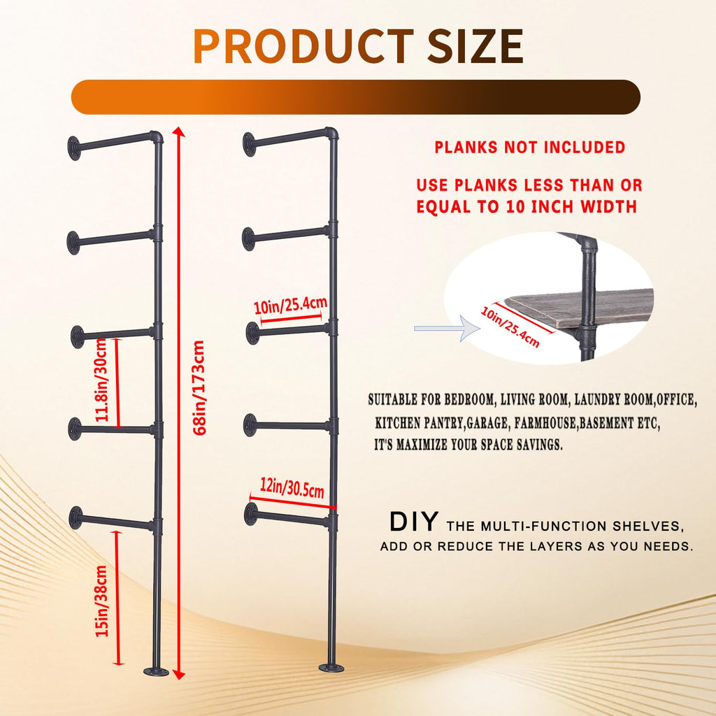 Black Iron Pipe Shelf Bracket, 2Pcs 5 Tier 68" Tall X6672