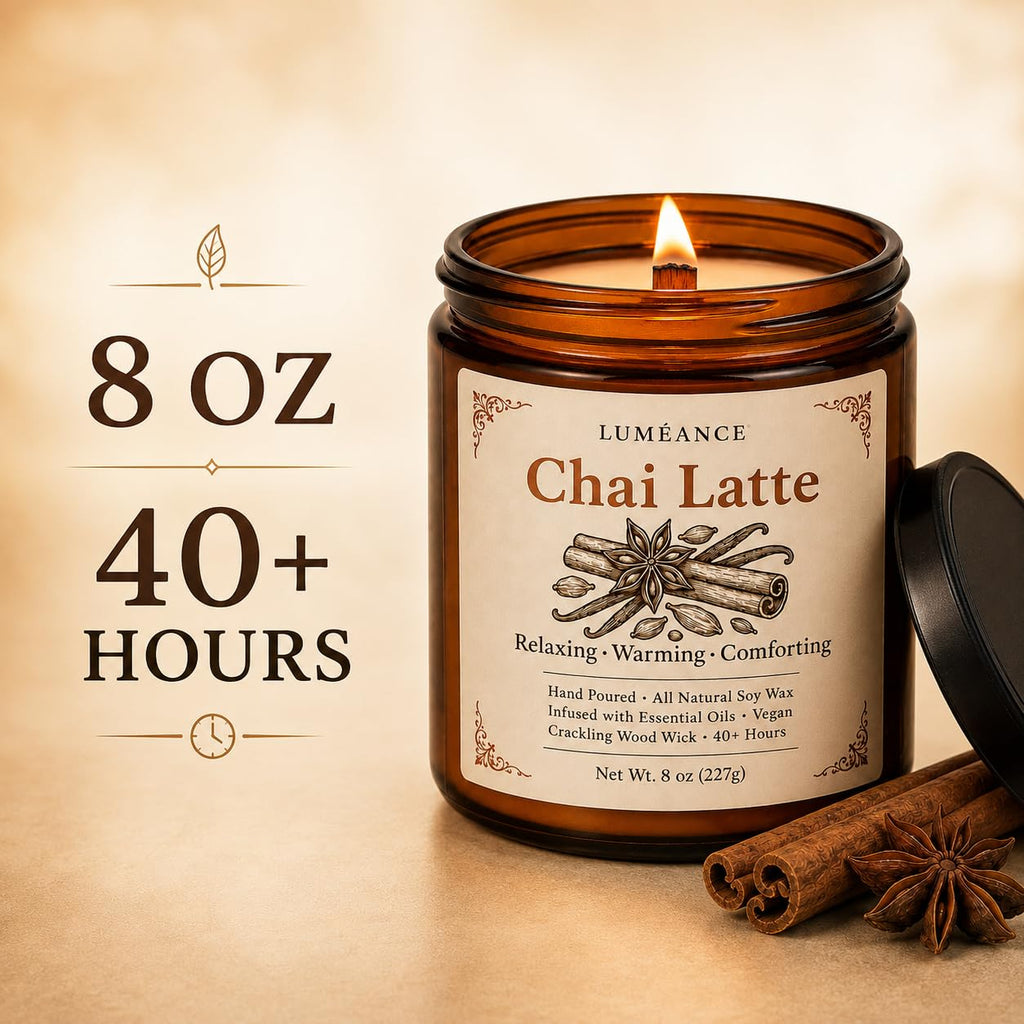 Chai Latte Scented Candle, 8 oz, Soy Wax, Crackling Wood Wick X490