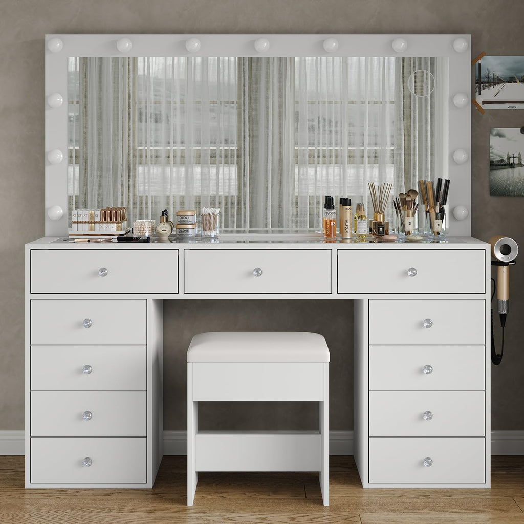 11 Drawer Vanity Desk with Mirror and LED Bulbs W868592