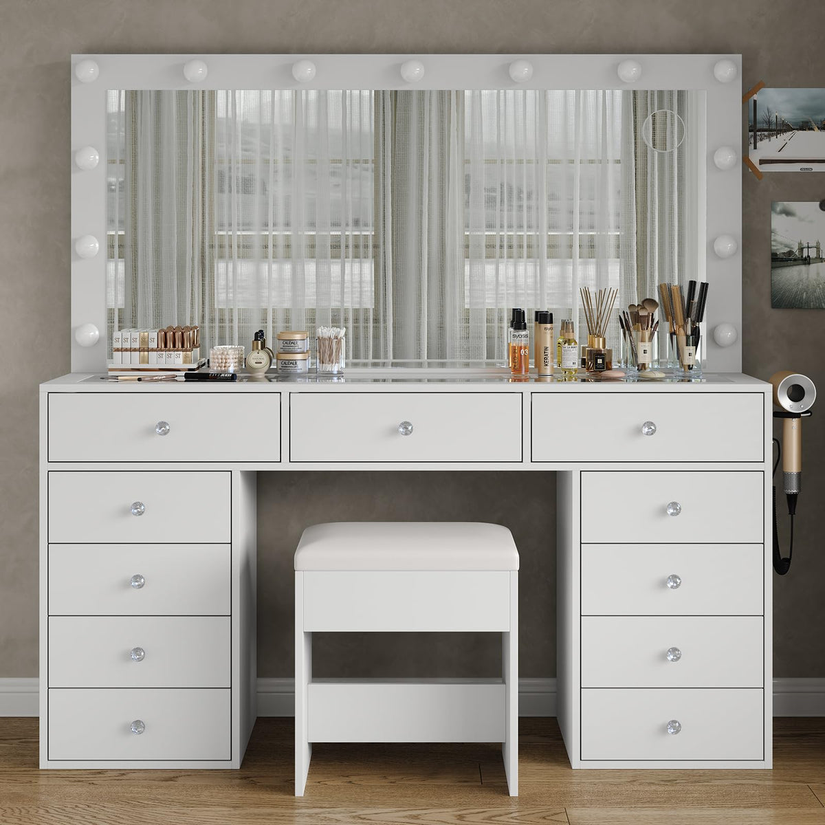 11 Drawer Vanity Desk with Mirror and LED Bulbs W868592