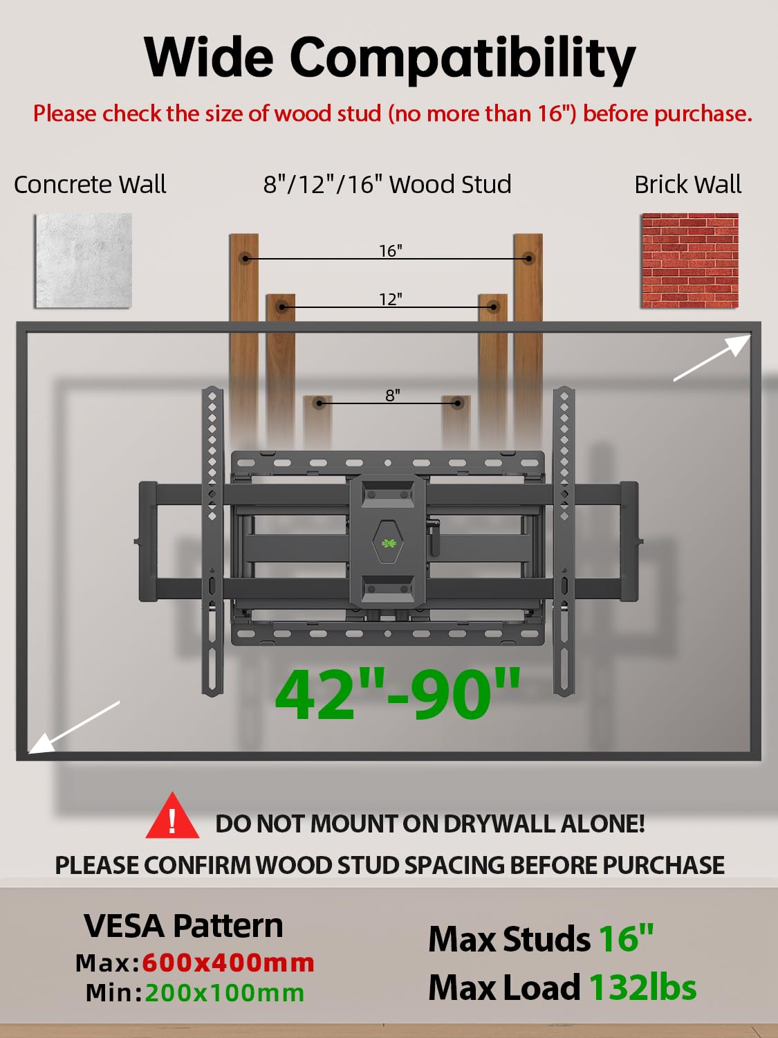 Full Motion TV Wall Mount for 42-90 inch Flat Screen D933