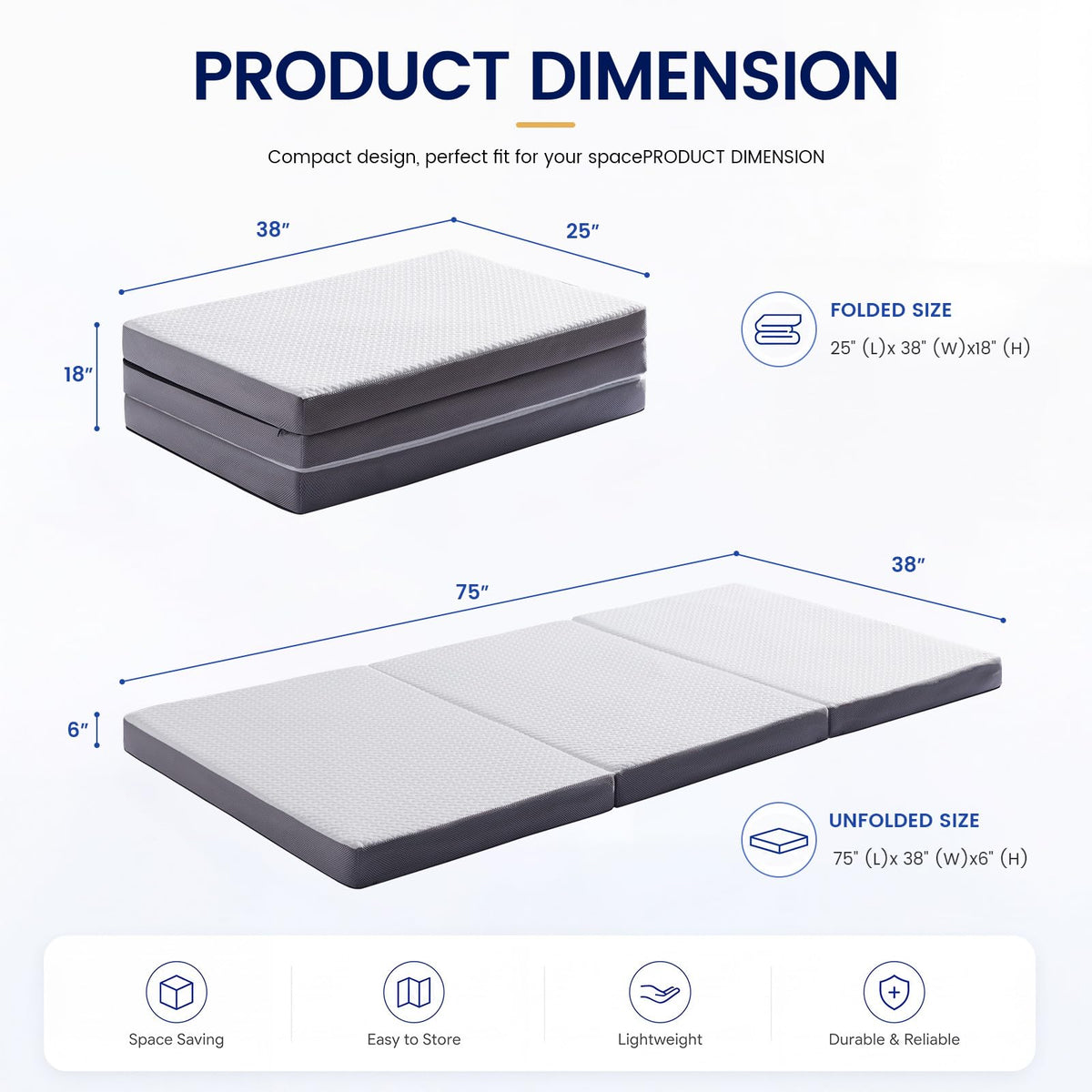 6 Inch Memory Foam Trifold Folding Mattress F666806