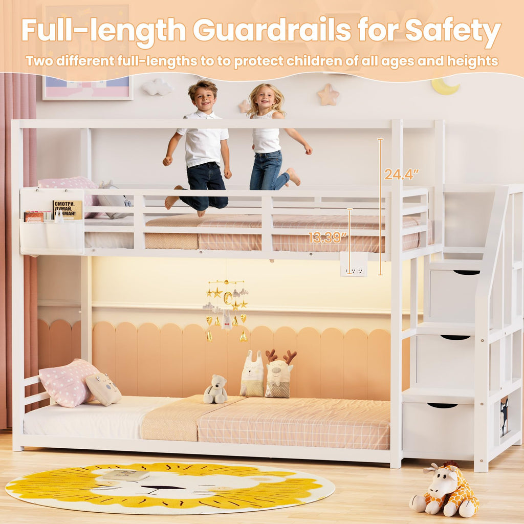 White Twin Over Twin Bunk Bed with Storage Stairs E842