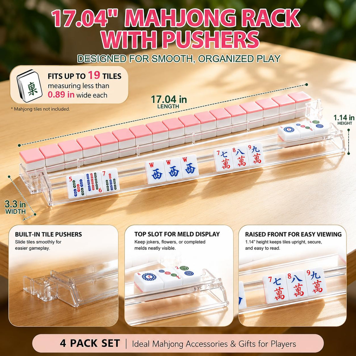 4 Pack Clear Acrylic Mahjong Racks with Pushers O141760
