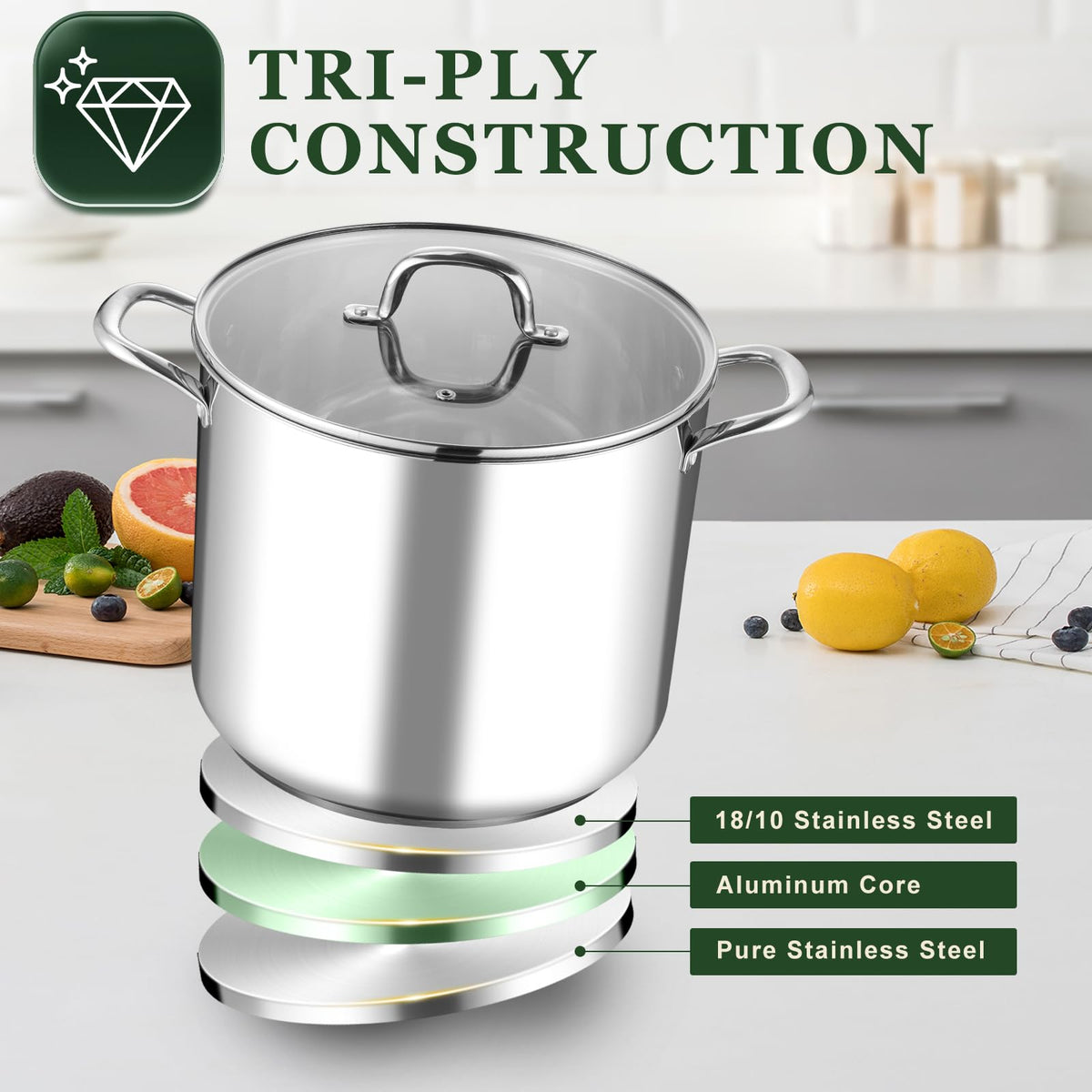 14Qt Stainless Steel Stock Pot with Lid U1200