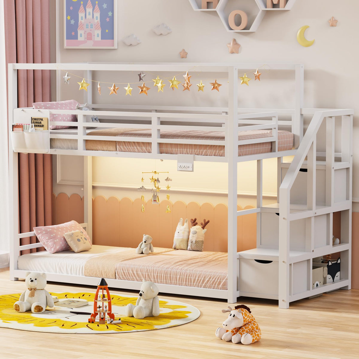 White Twin Over Twin Bunk Bed with Storage Stairs E842