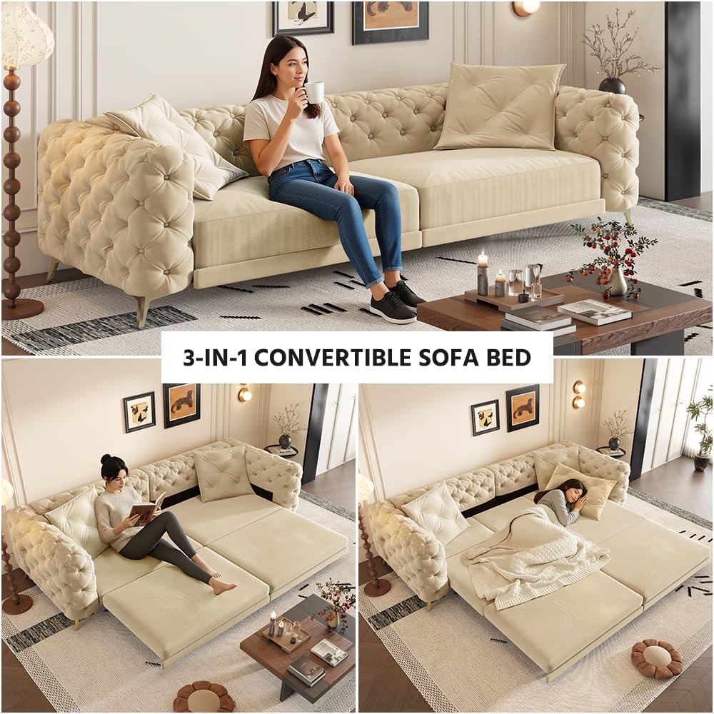 98" King Size Velvet Convertible Sofa Bed with Ottoman M3422