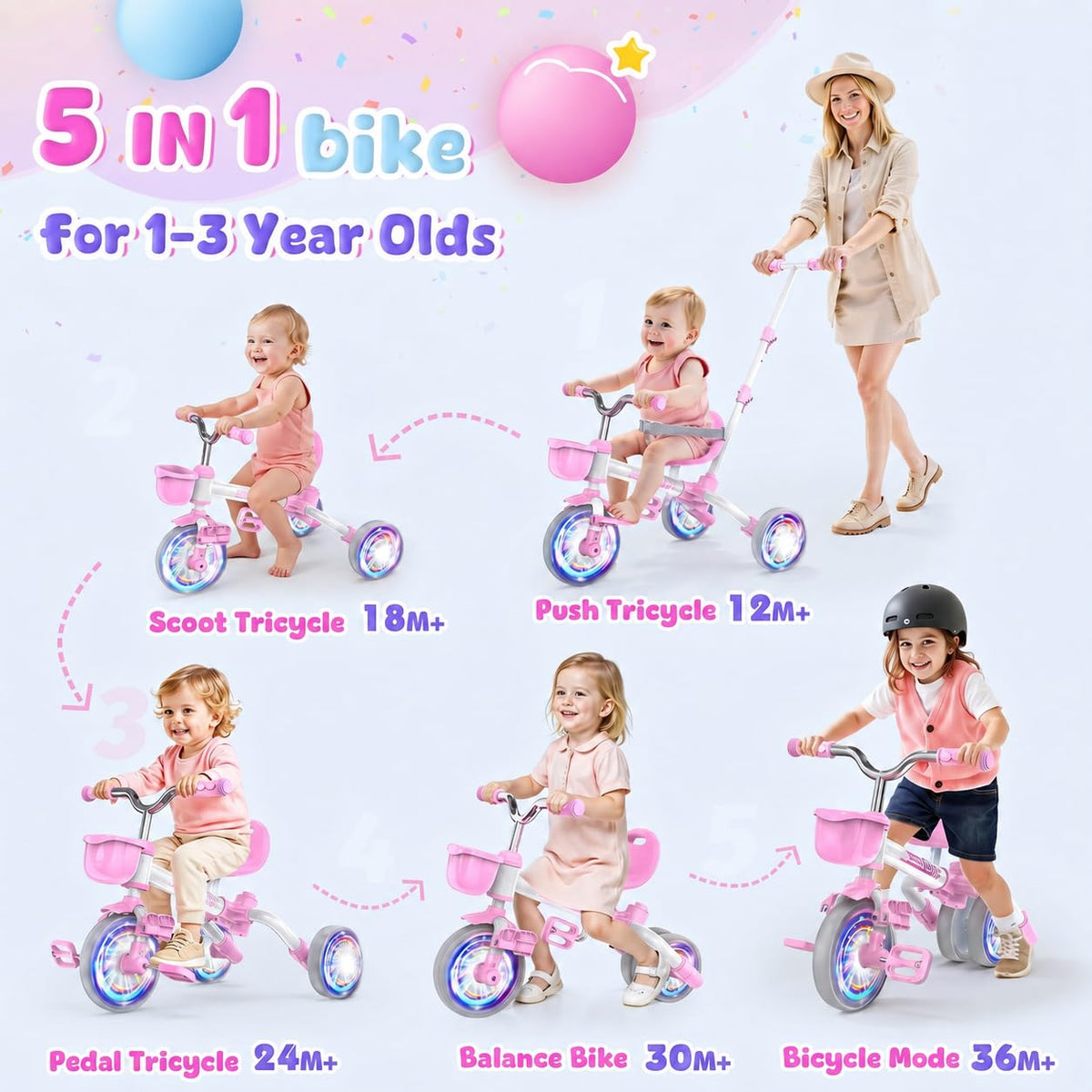 5 in 1 Pink Tricycle with Push Handle I823