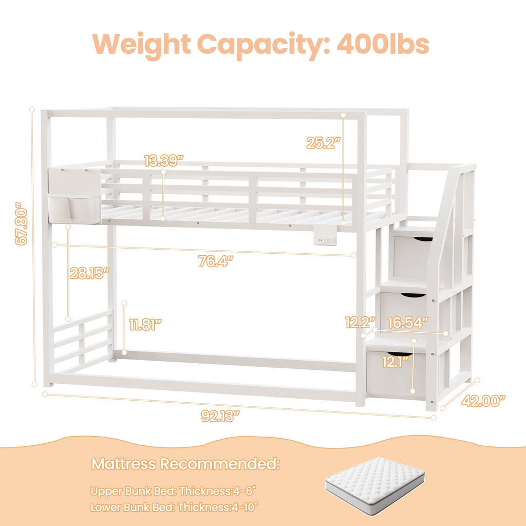White Twin Over Twin Bunk Bed with Storage Stairs E842