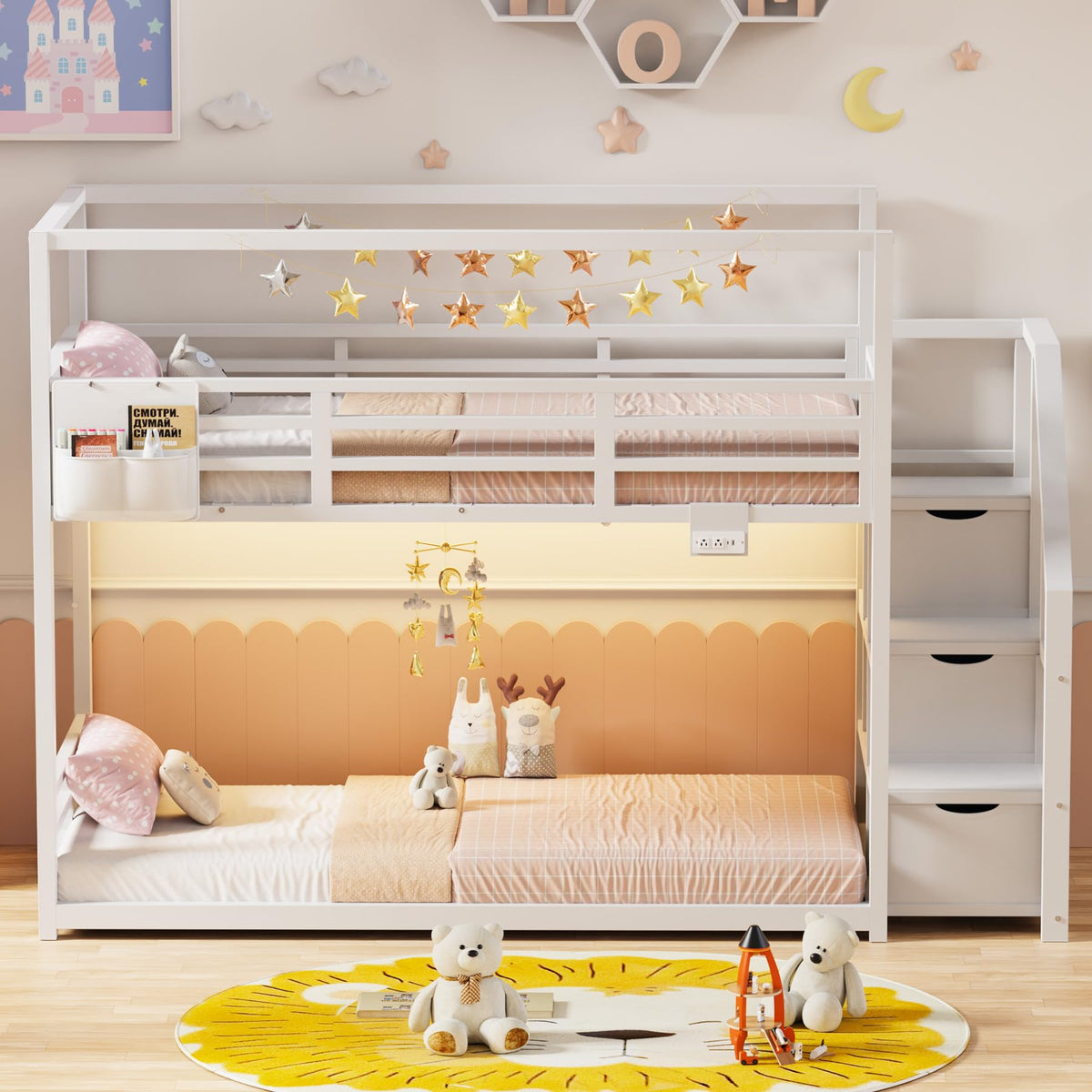 White Twin Over Twin Bunk Bed with Storage Stairs E842