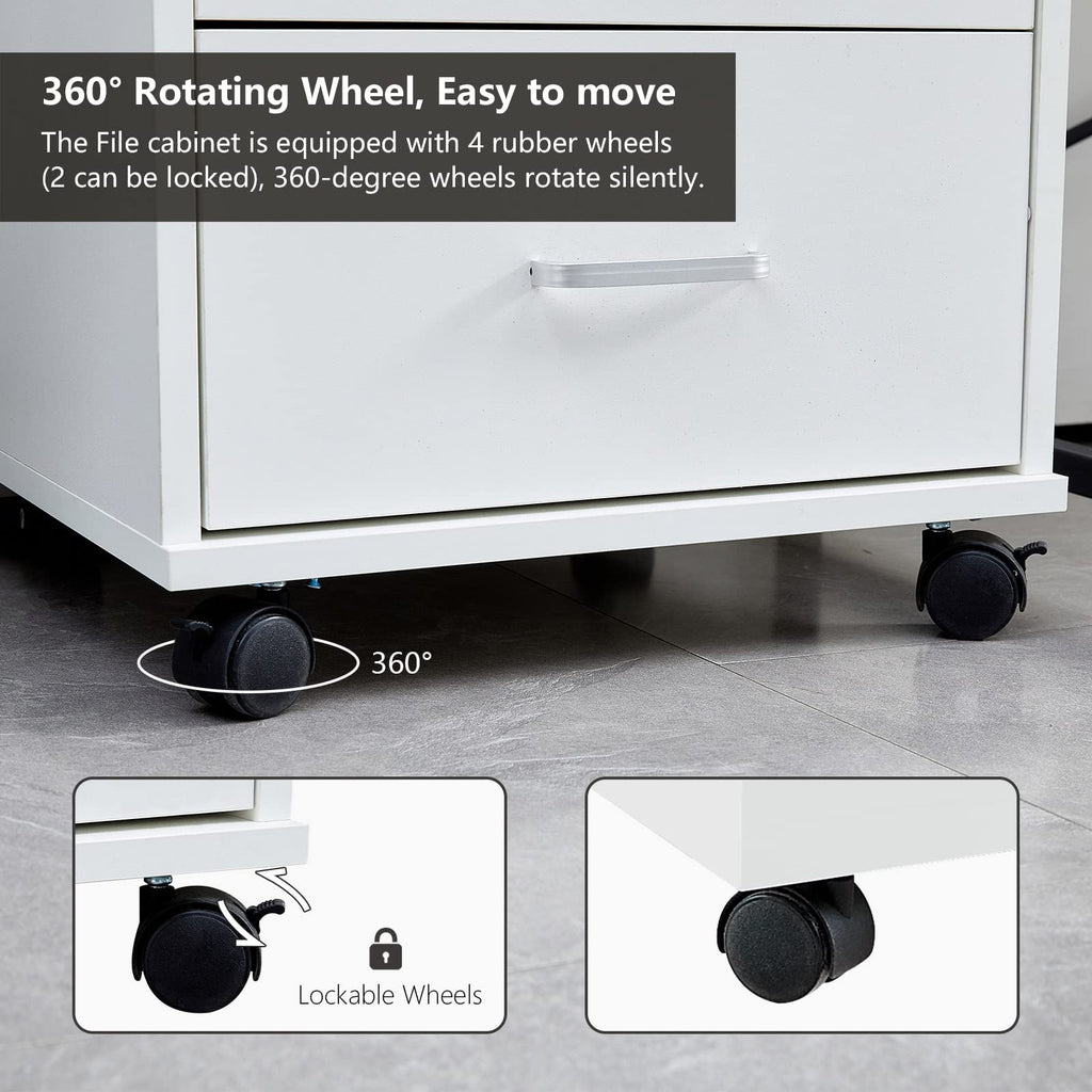 White 3 Drawer Rolling Wood File Cabinet D8300