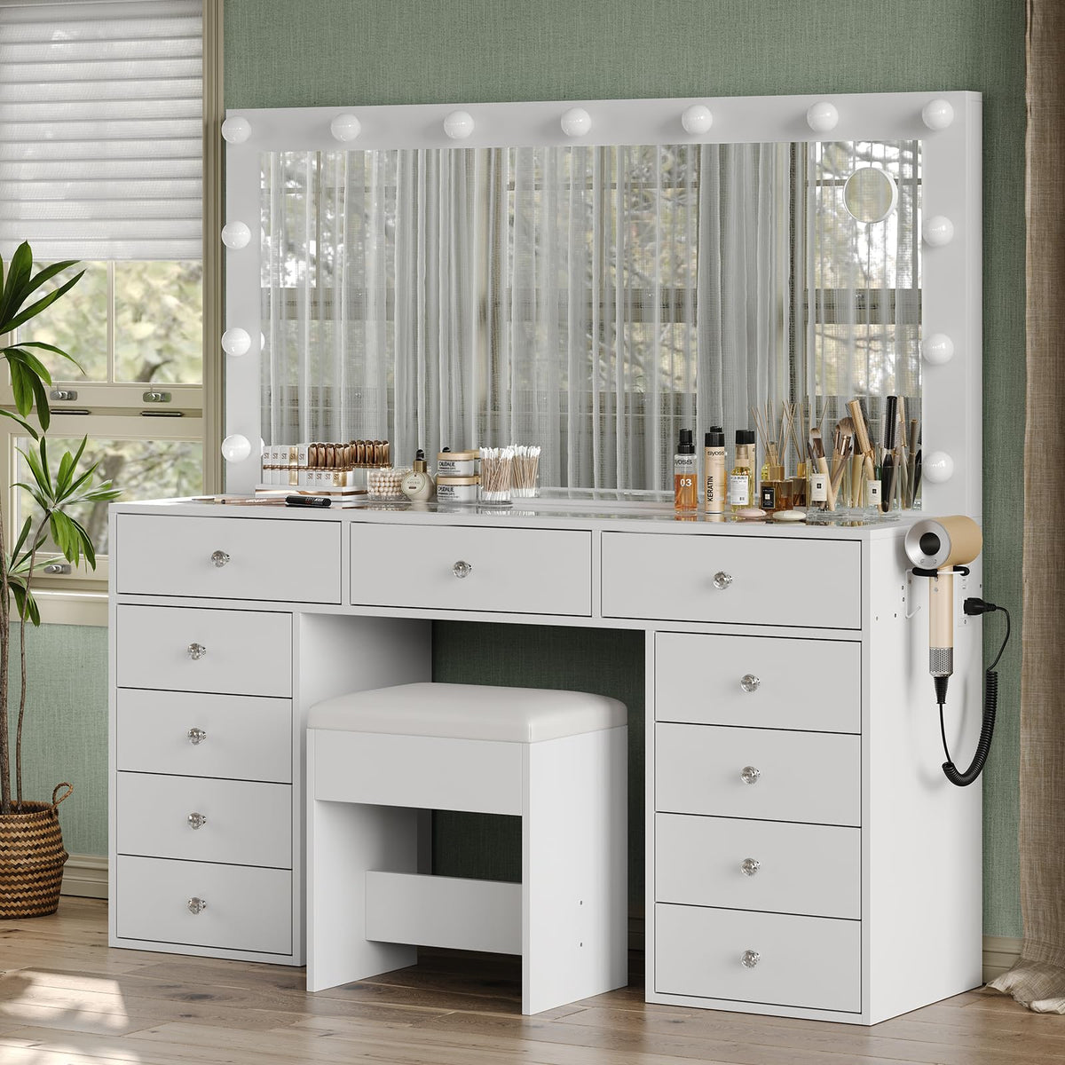 11 Drawer Vanity Desk with Mirror and LED Bulbs W868592
