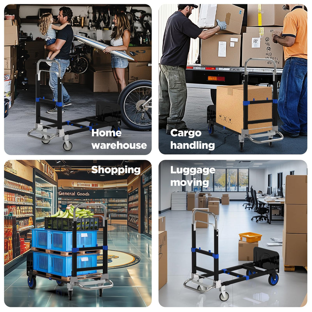 Black Convertible Hand Truck Dolly Cart with 4 Wheels, 500 Lbs Capacity H416