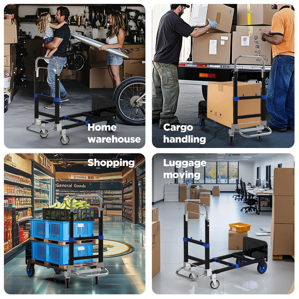 Black Convertible Hand Truck Dolly Cart with 4 Wheels, 500 Lbs Capacity H416