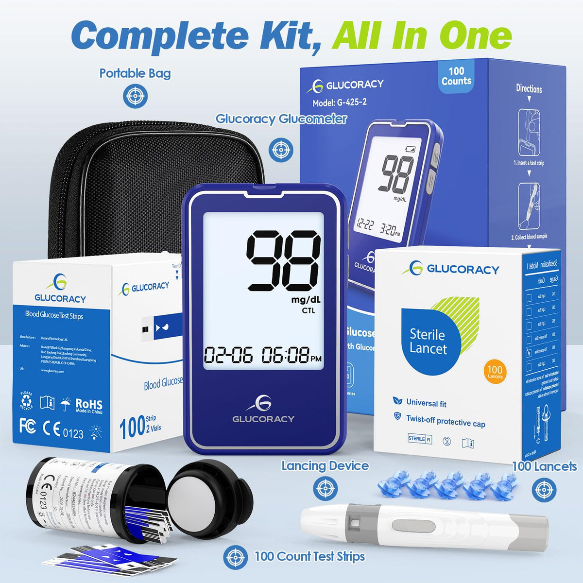 Blood Glucose Monitor Kit with 100 Test Strips I868
