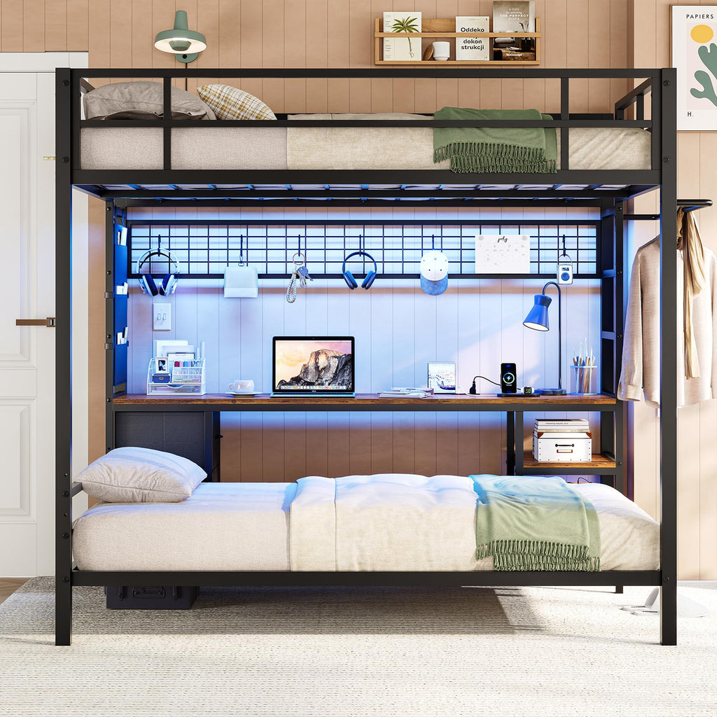 Full Over Twin Bunk Bed with Desk and LED Lights C397920