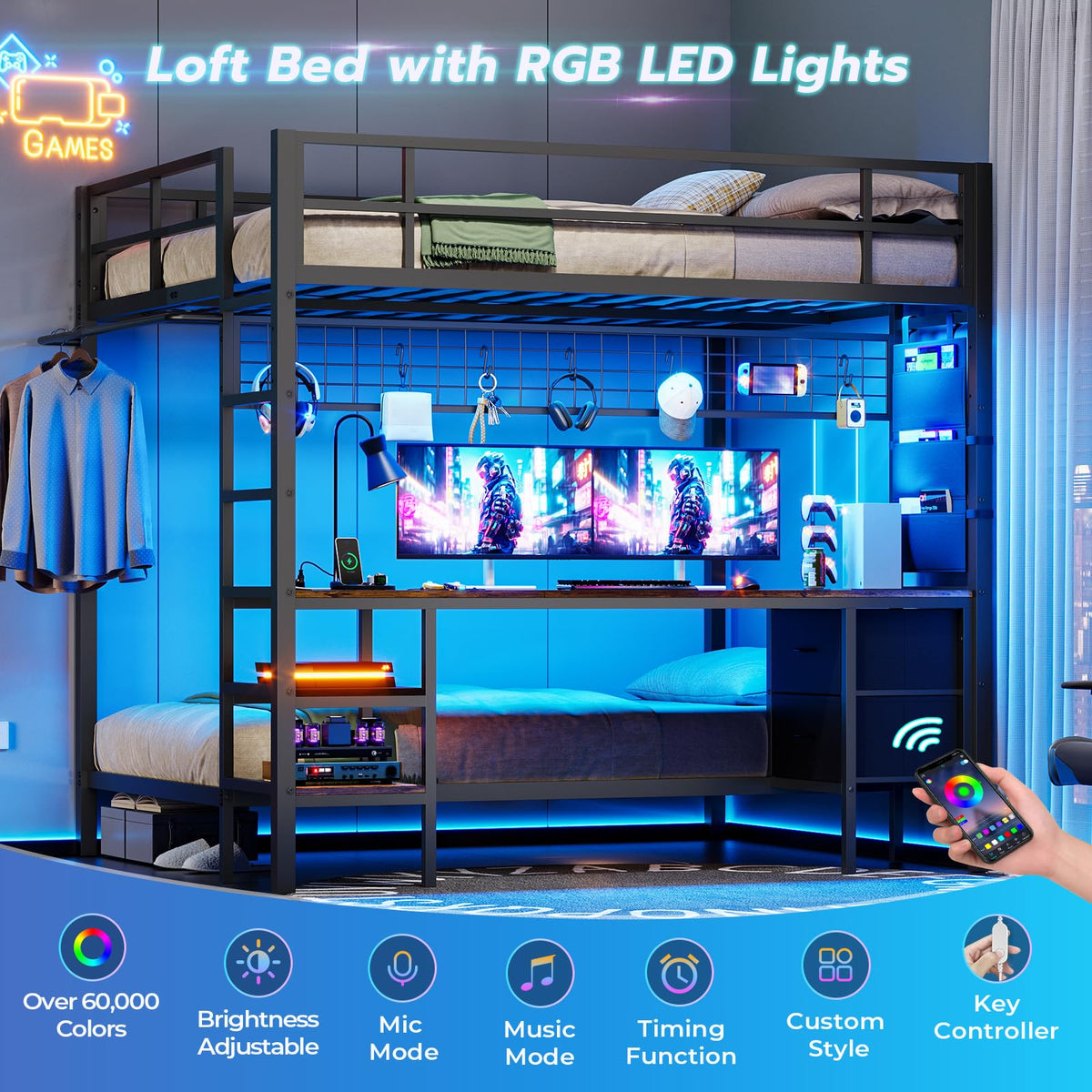 Full Over Twin Bunk Bed with Desk and LED Lights C397920