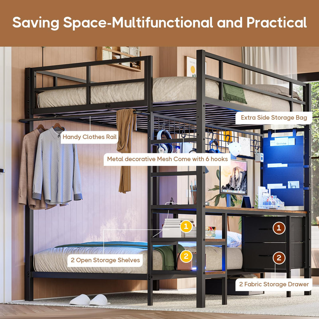 Full Over Twin Bunk Bed with Desk and LED Lights C397920
