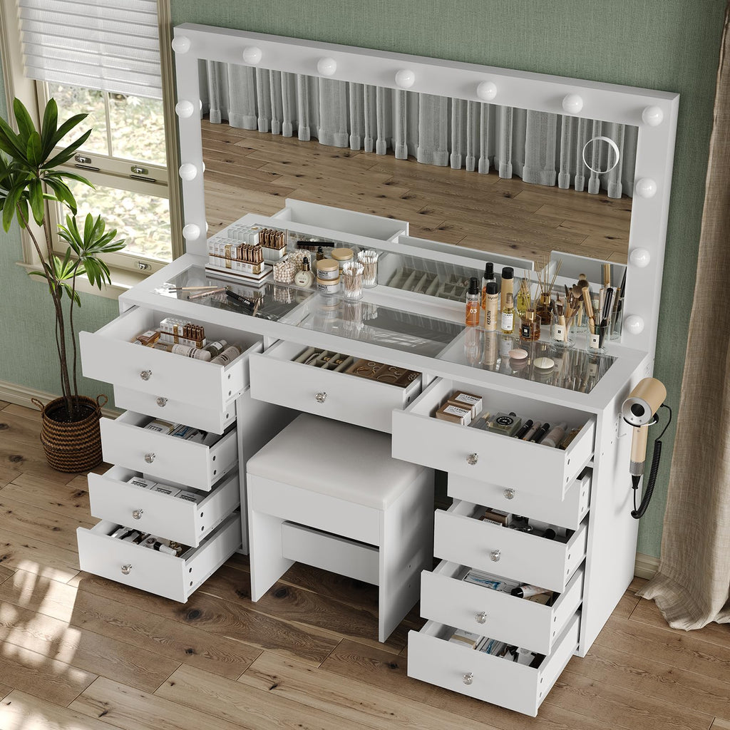 11 Drawer Vanity Desk with Mirror and LED Bulbs W868592