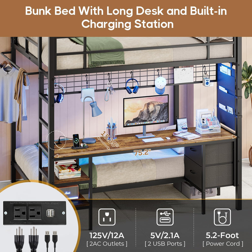 Full Over Twin Bunk Bed with Desk and LED Lights C397920