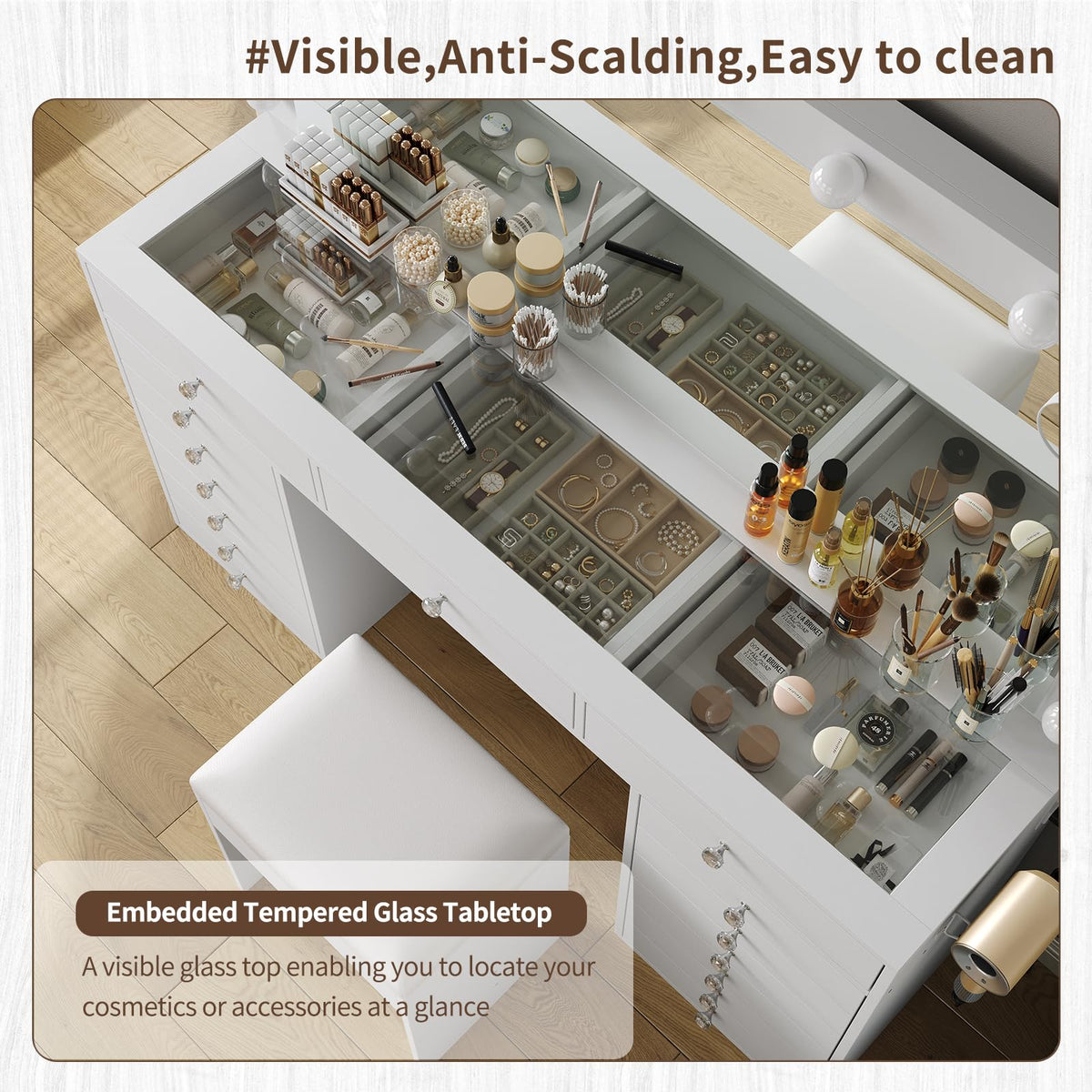 11 Drawer Vanity Desk with Mirror and LED Bulbs W868592