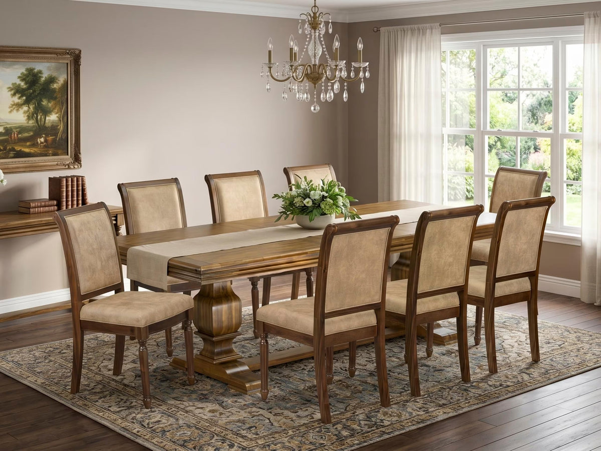 9 Piece Dining Table Set with 8 Beige Fabric Chairs D69899