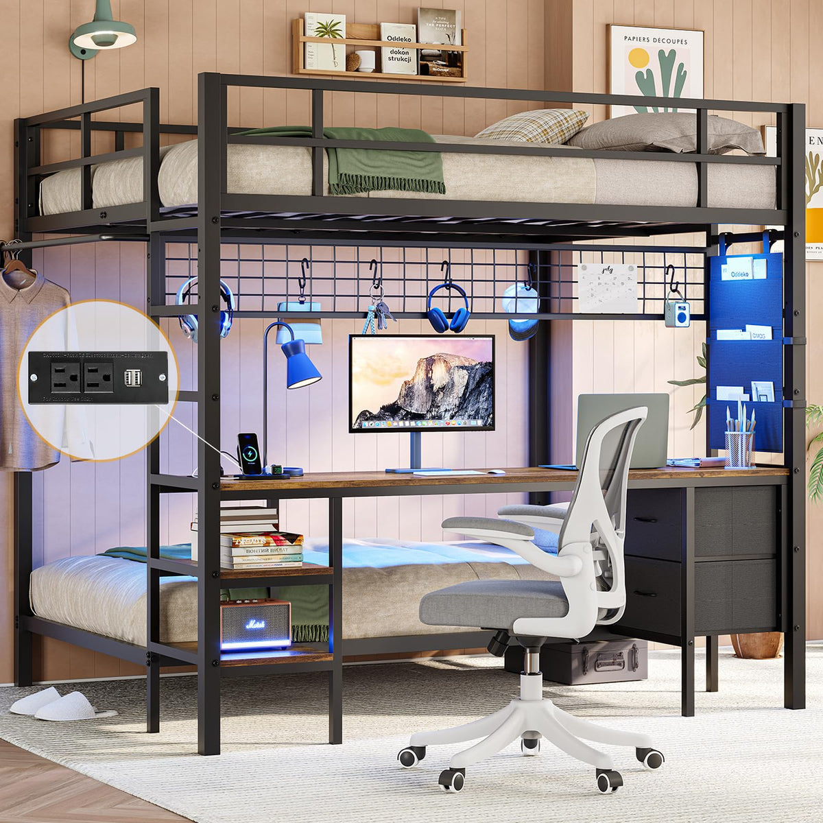 Full Over Twin Bunk Bed with Desk and LED Lights C397920