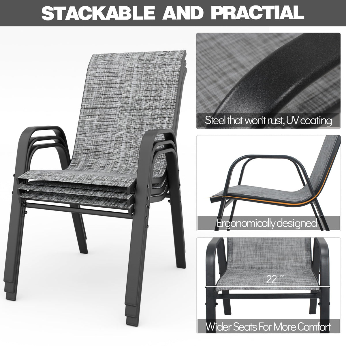 Grey Set of 4 Stackable Textilene Metal Patio Chairs X528348