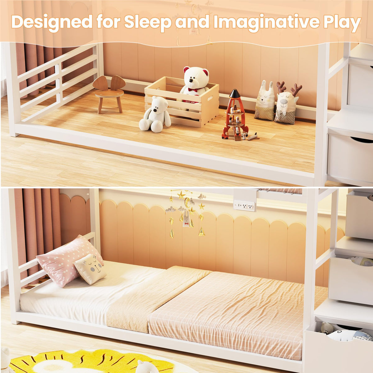 White Twin Over Twin Bunk Bed with Storage Stairs E842
