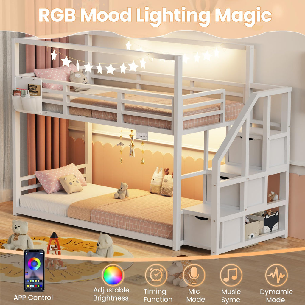White Twin Over Twin Bunk Bed with Storage Stairs E842