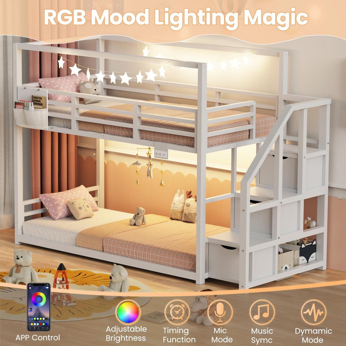 White Twin Over Twin Bunk Bed with Storage Stairs E842