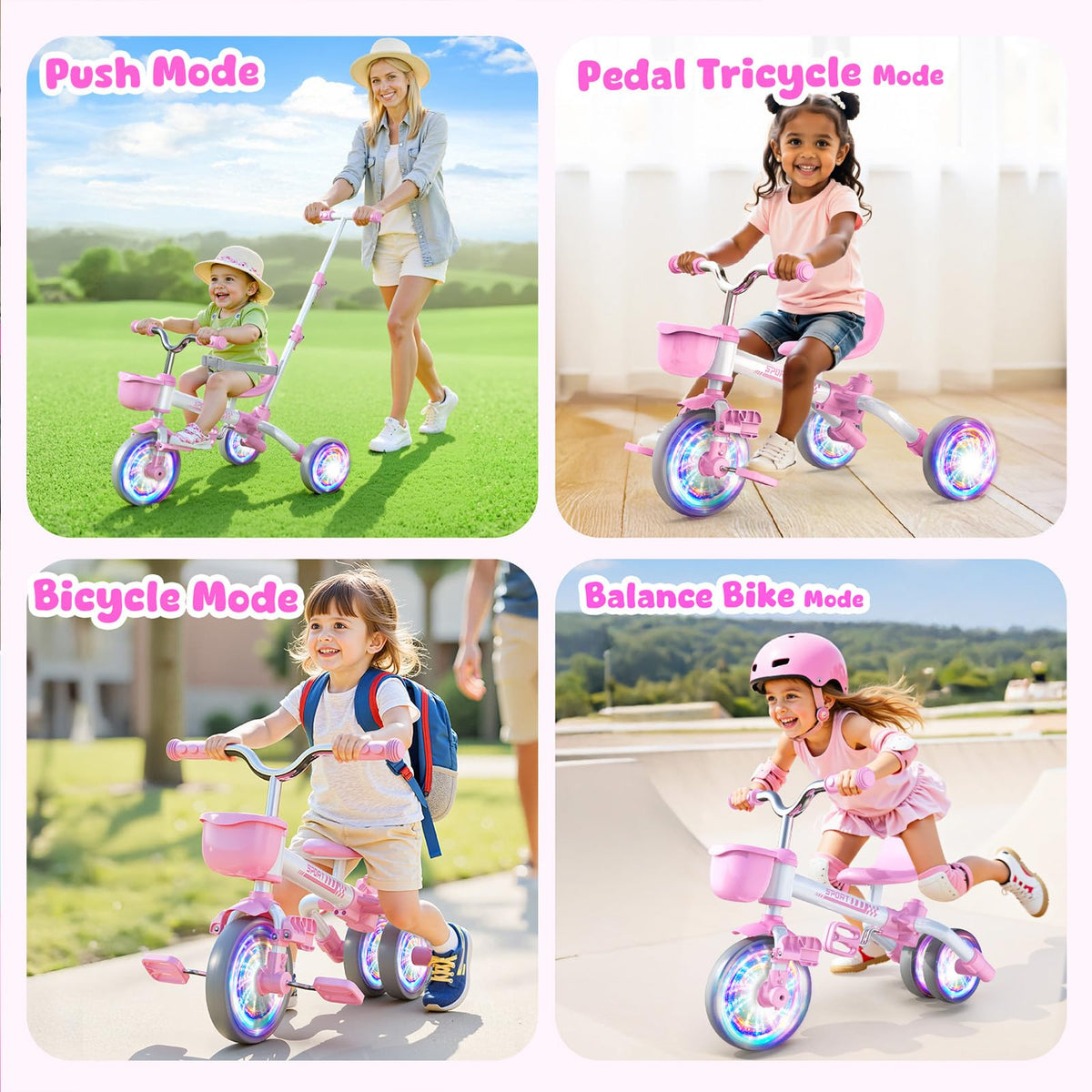 5 in 1 Pink Tricycle with Push Handle I823