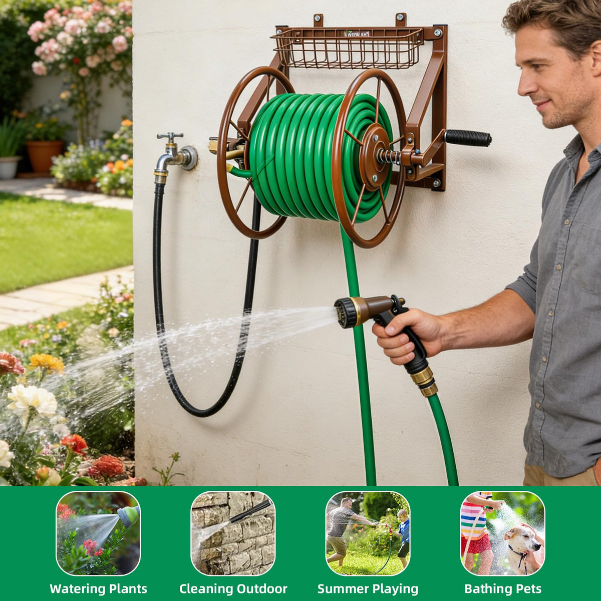 Wall Mount Metal Garden Hose Reel Holds 155ft 5/8" Hose Y95575