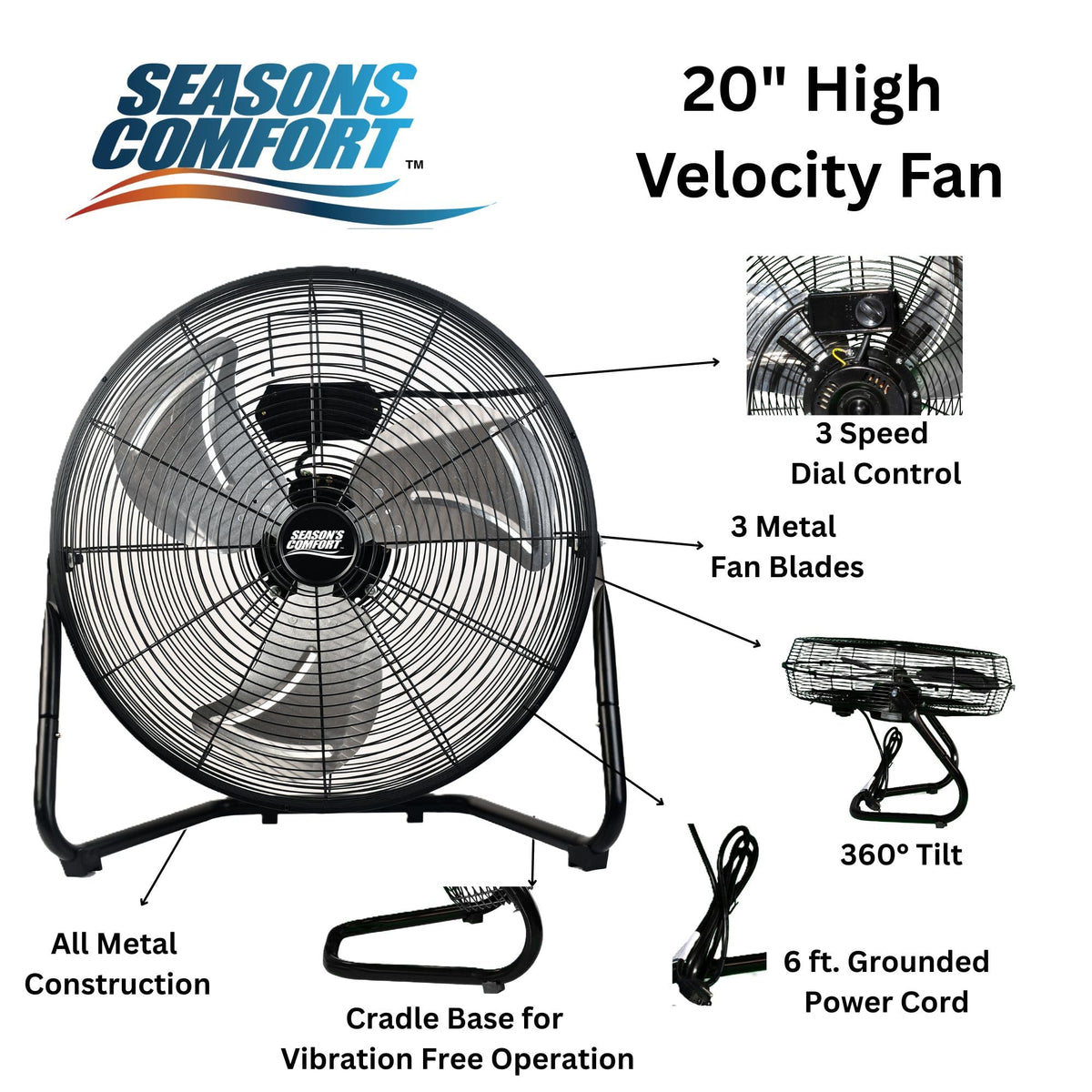 20 Inch 3 Speed Black High Velocity Fan U457