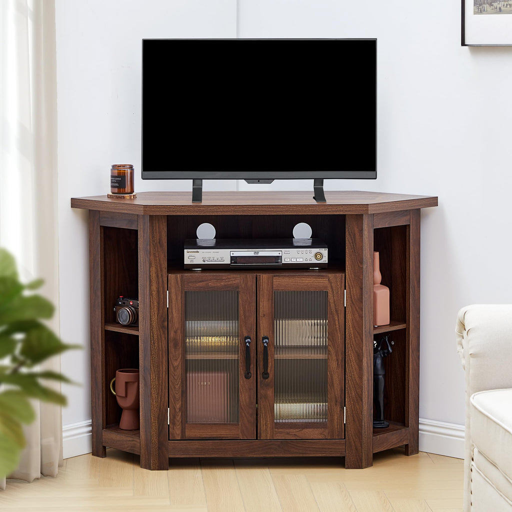 Corner TV Stand for TVs up to 48 Inch with Storage Shelves and 2 Doors F33820