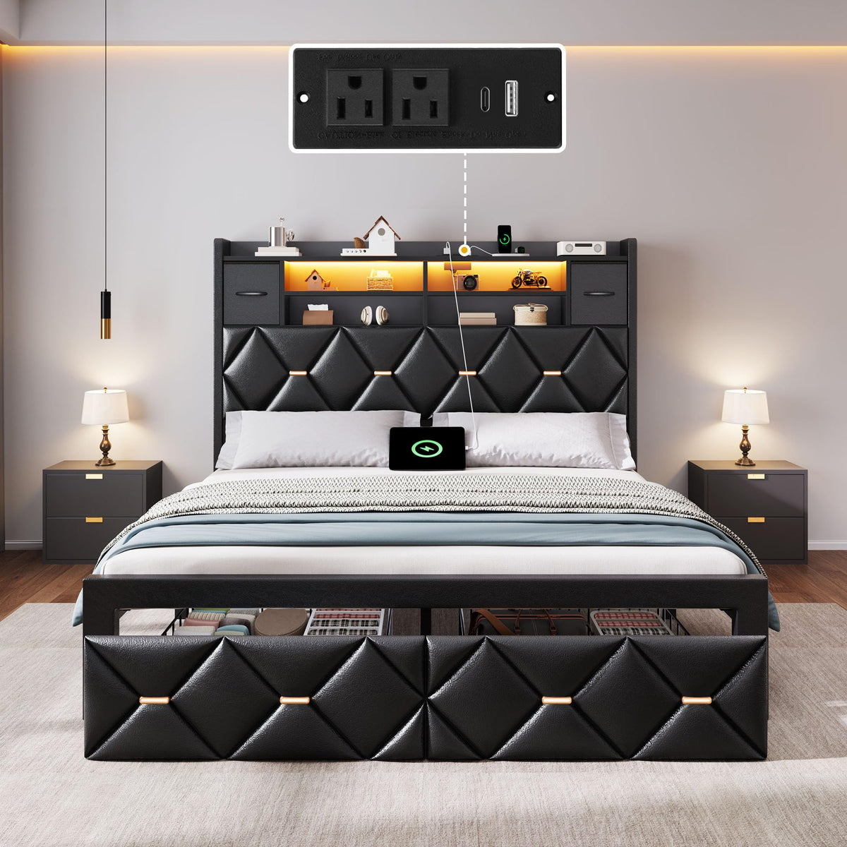 Full Size Bed Frame with 2 Storage Drawers G415