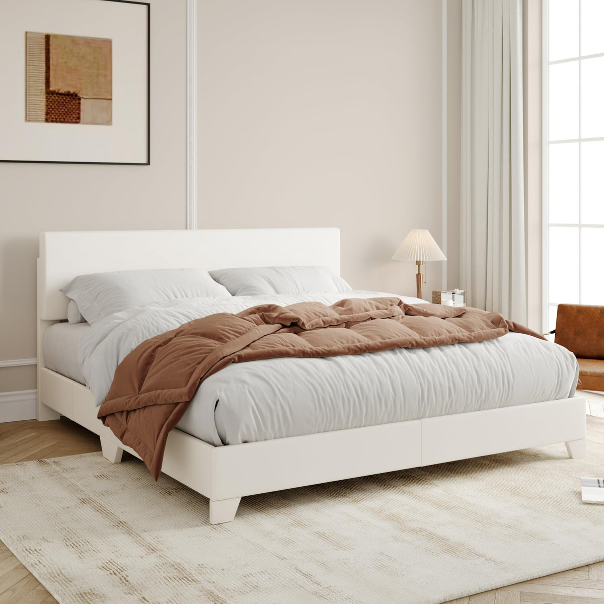 Queen Size Upholstered Bed Frame with Adjustable Headboard Y72412