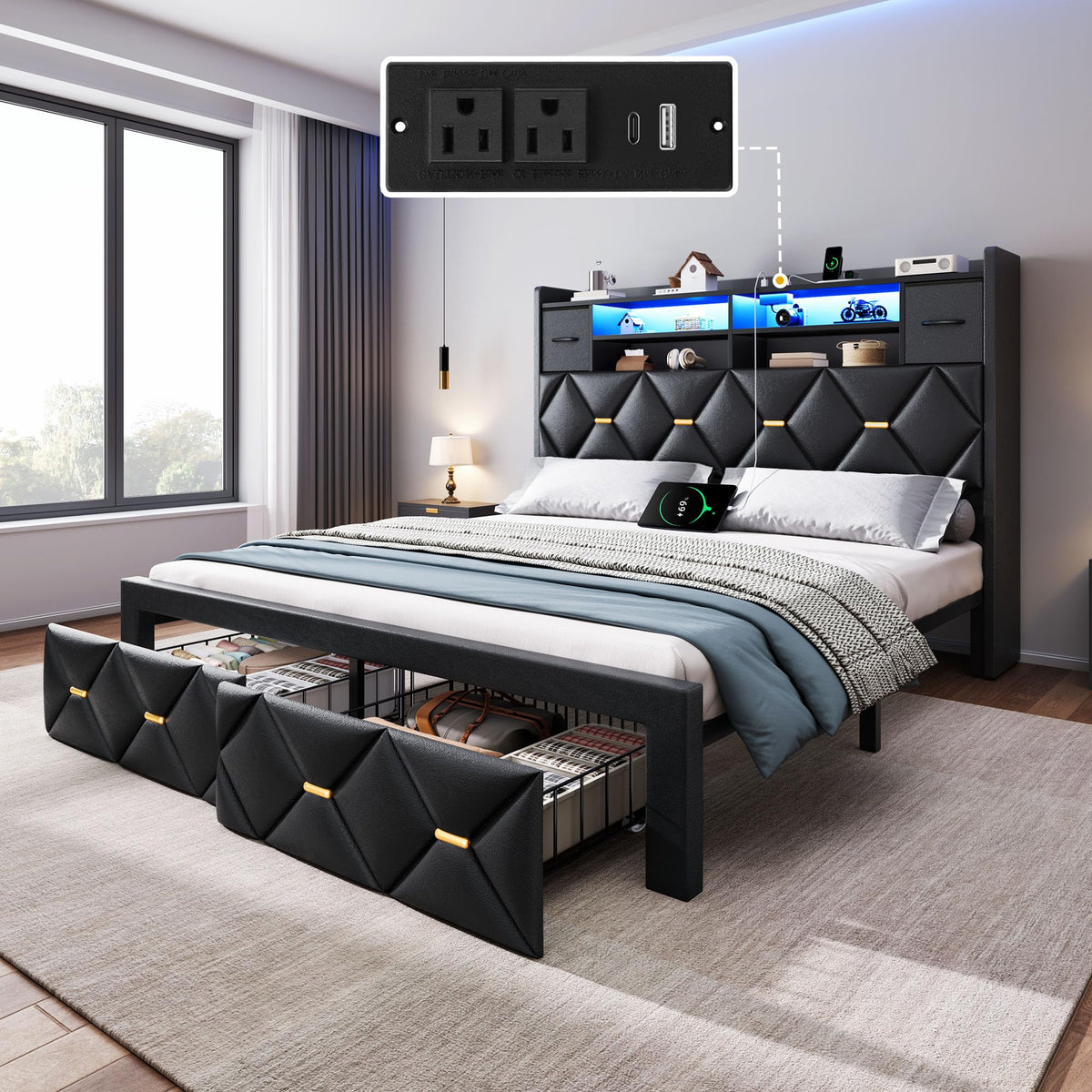 Full Size Bed Frame with 2 Storage Drawers G415