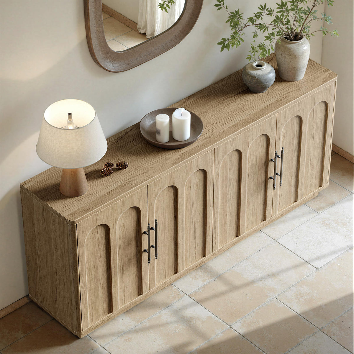 67" Arched Oak Sideboard Buffet Cabinet with Storage F7960