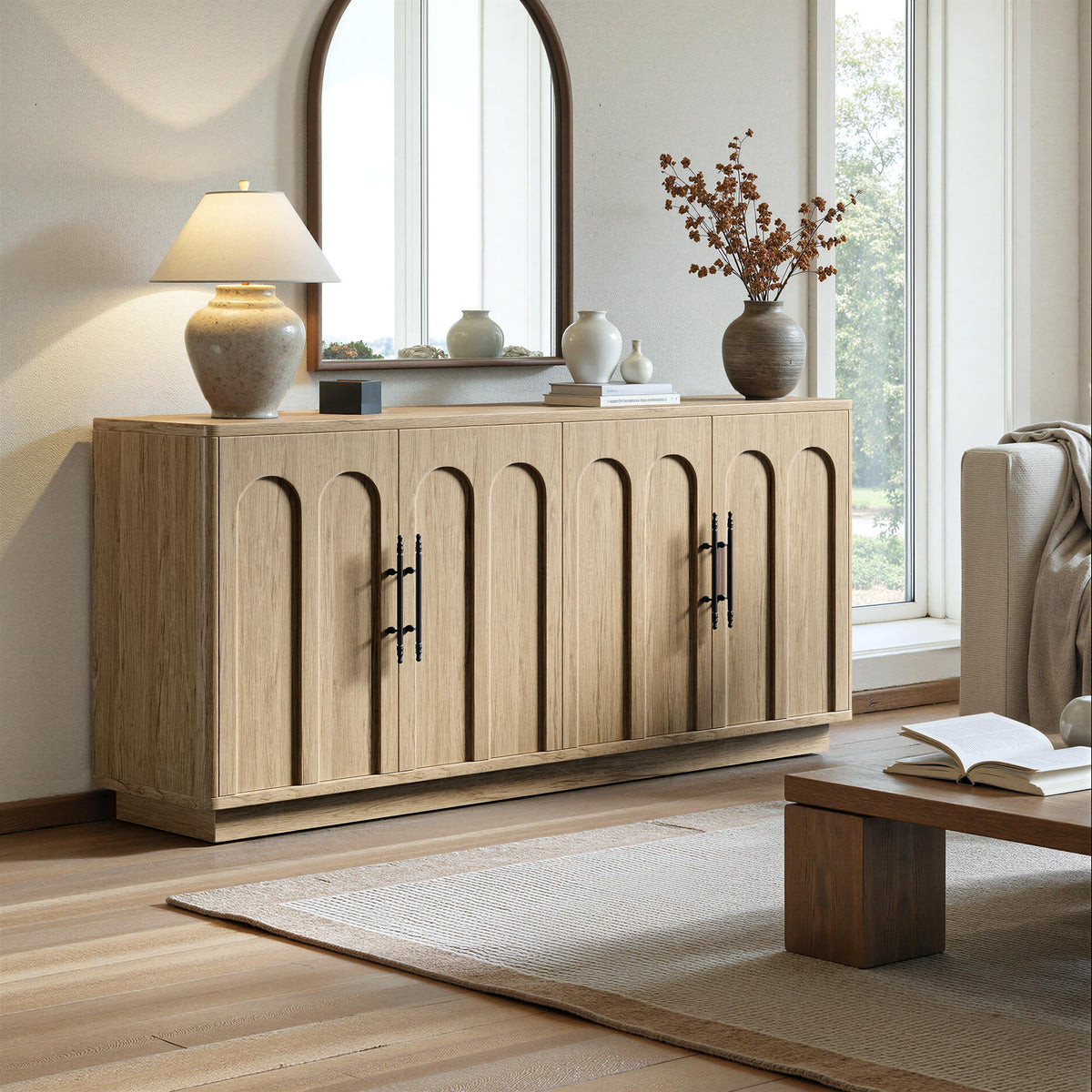 67" Arched Oak Sideboard Buffet Cabinet with Storage F7960