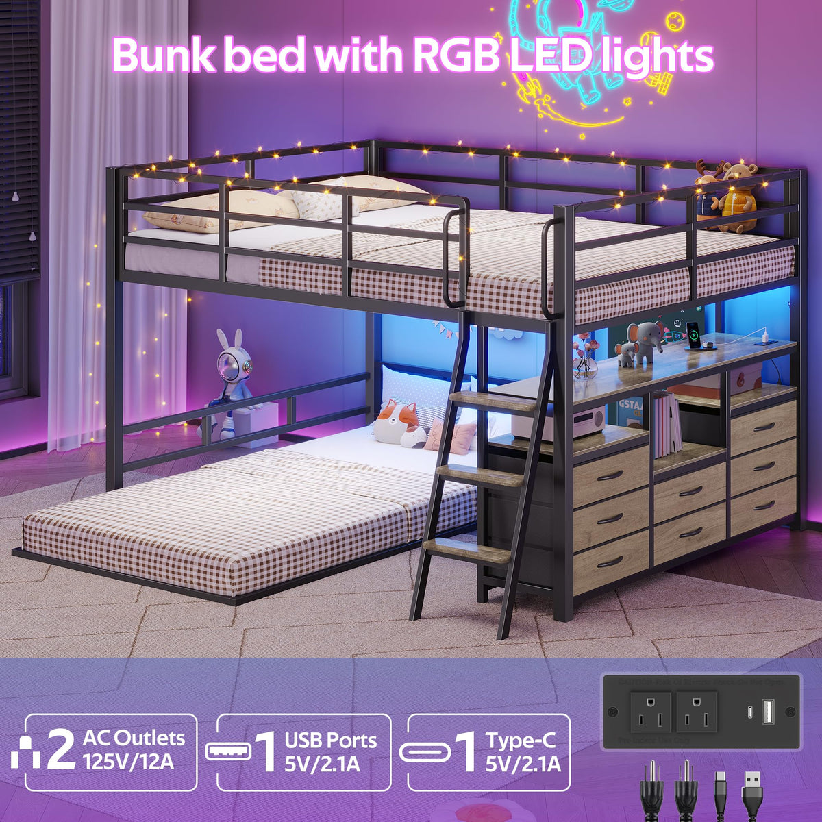 Full Over Twin Bunk Bed with 8 Drawers & 4 Shelves Y626