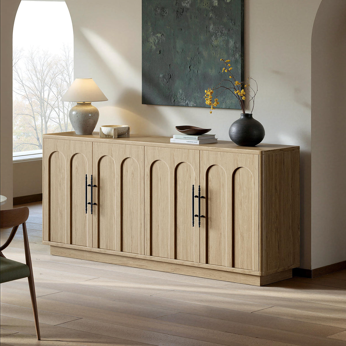 67" Arched Oak Sideboard Buffet Cabinet with Storage F7960