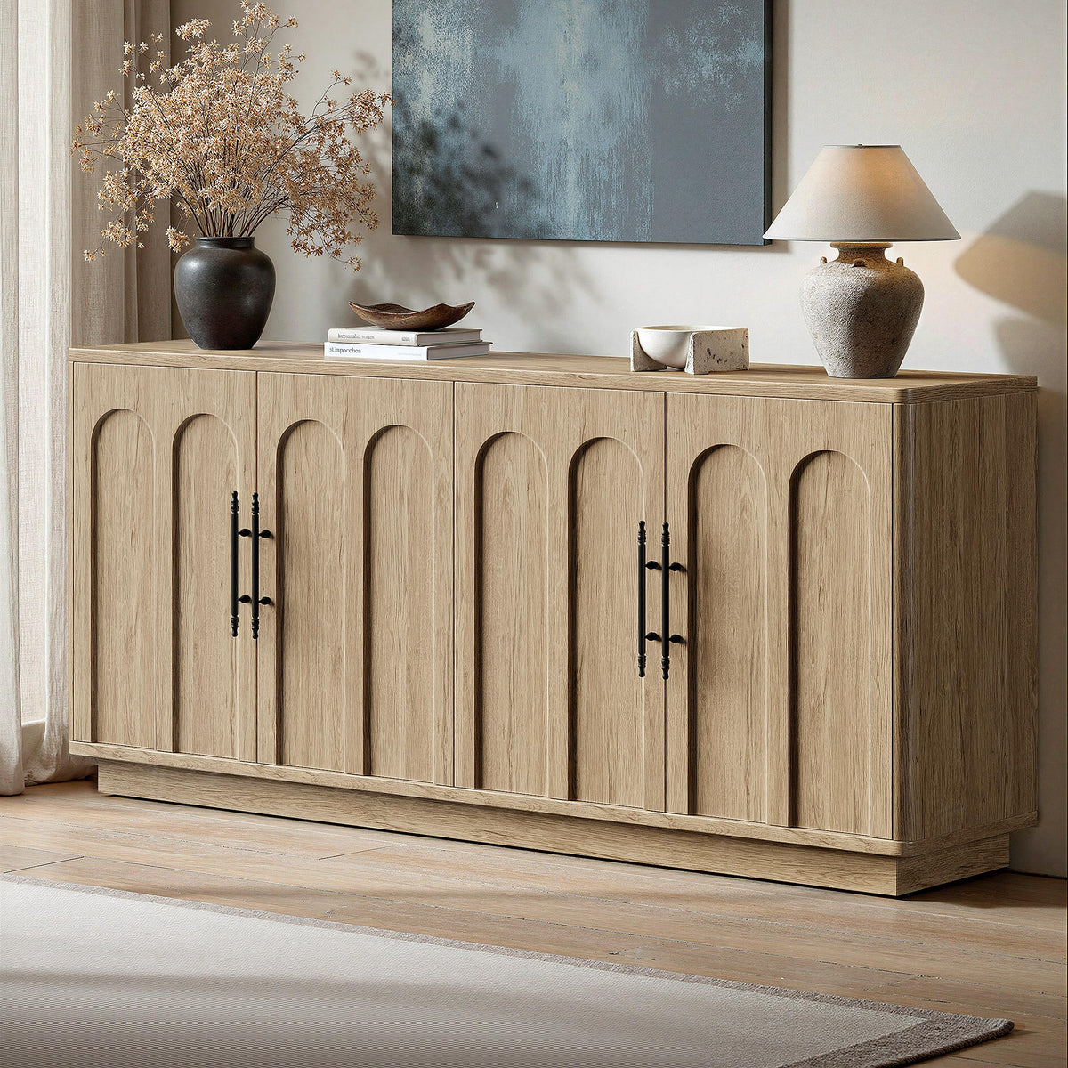 67" Arched Oak Sideboard Buffet Cabinet with Storage F7960